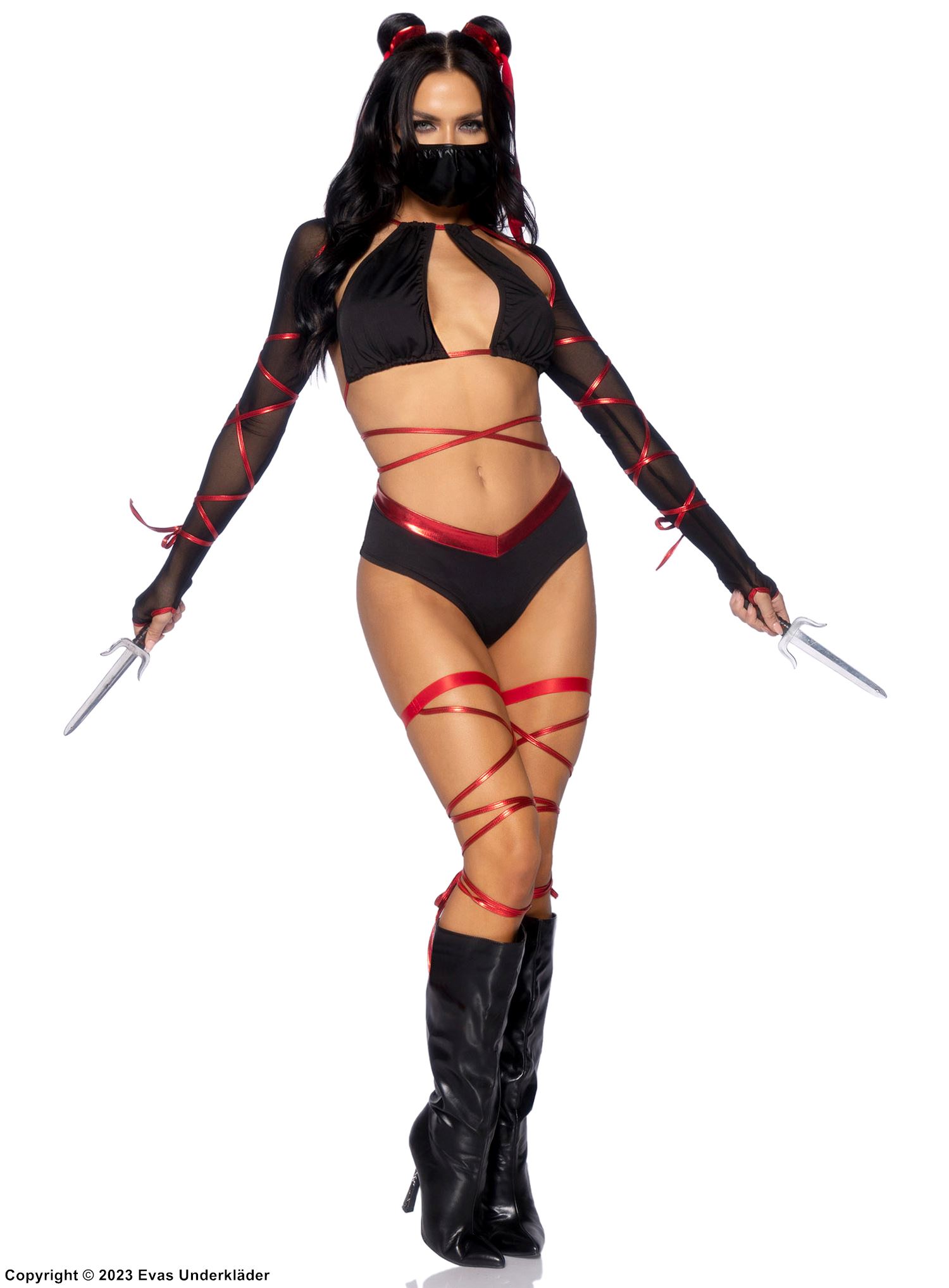 Kvinnelig ninja (også kjent som kunoichi), kostyme-undertøy, maske, kryssende stropper
